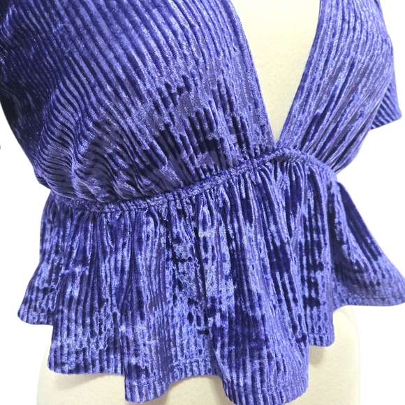 Urban Outfitters Purple Velvet Ribbed Peplum Top Deep V-Neck Flutter Sleeve M - Picture 2 of 8